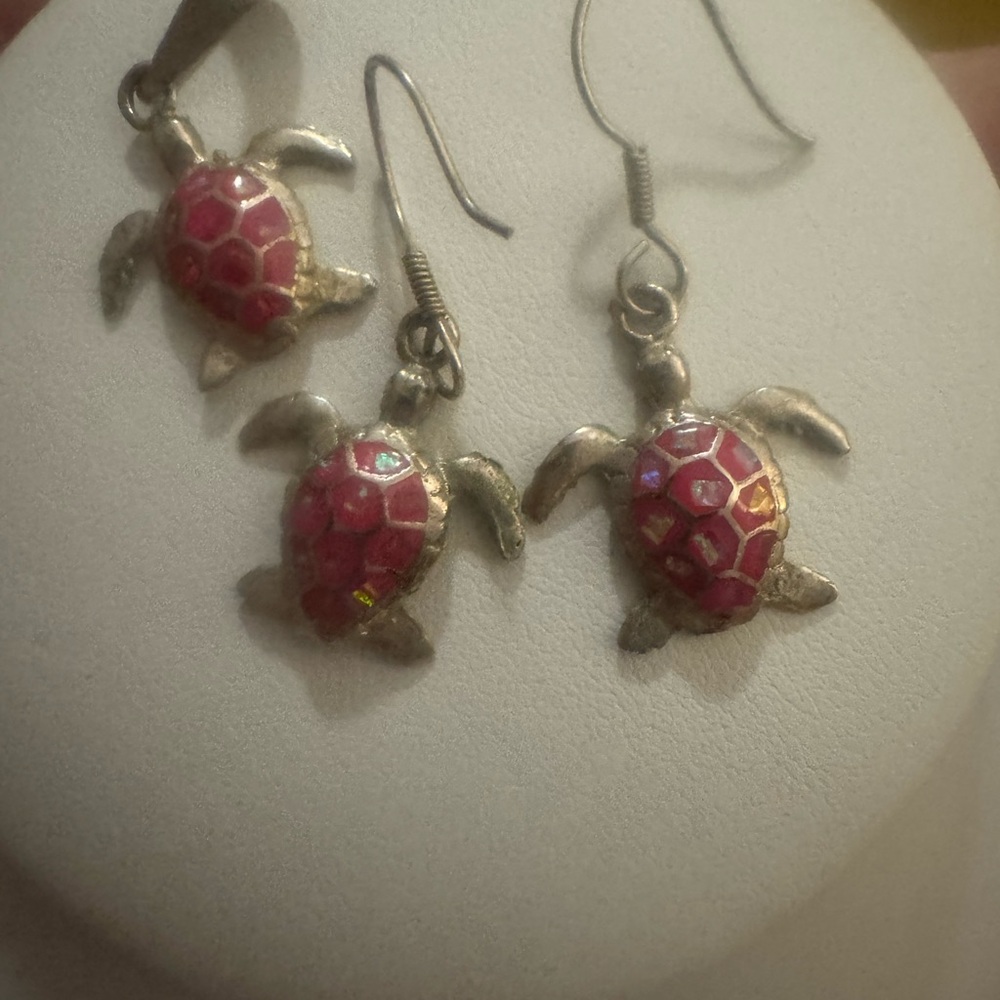 Pink Turtle Dangle Earrings and Pendant Set - Women's Jewelry